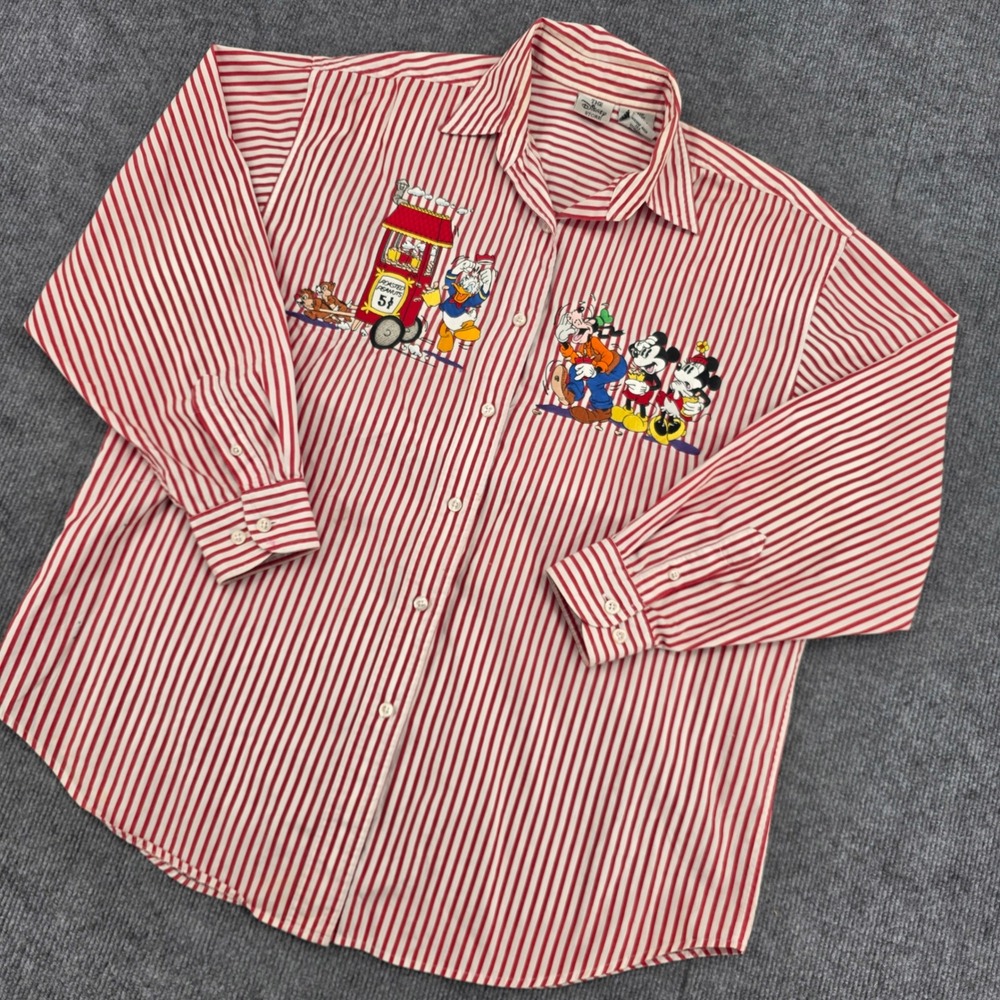 Vintage Disney Store Mickey & Friends Striped Embroidered Button Down Shirt L - Picture 1 of 11